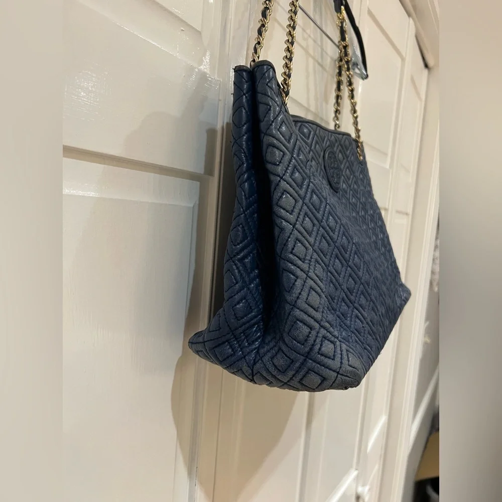 Tory Burch Navy Marion Quilted Tote Chain Shoulder Bag